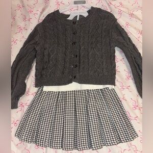 Gray Cable Knit Cardigan and Houndstooth Skirt Set